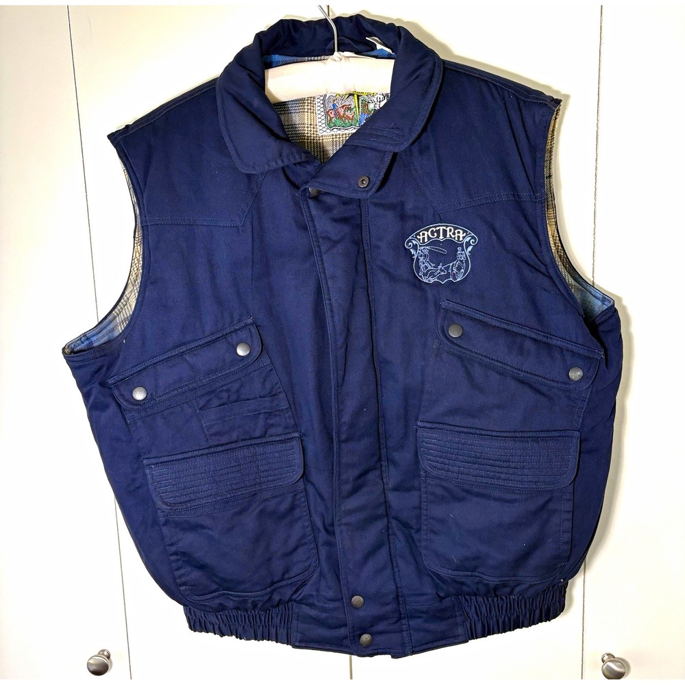Vtg Campus Rugged Country ACTRA Canvas Western Vest Plaid Lined Navy Mens XL